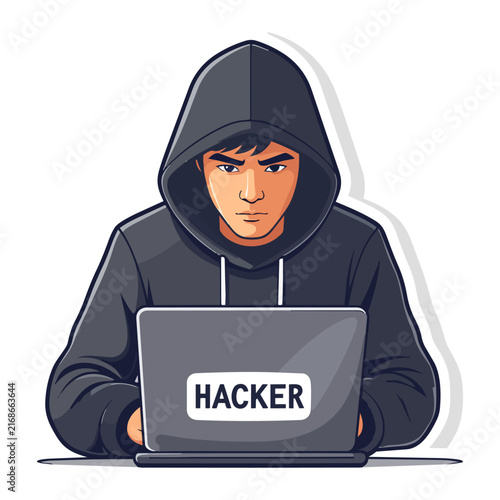 Male Hacker Using Laptop, Hooded Cybersecurity Vector Character