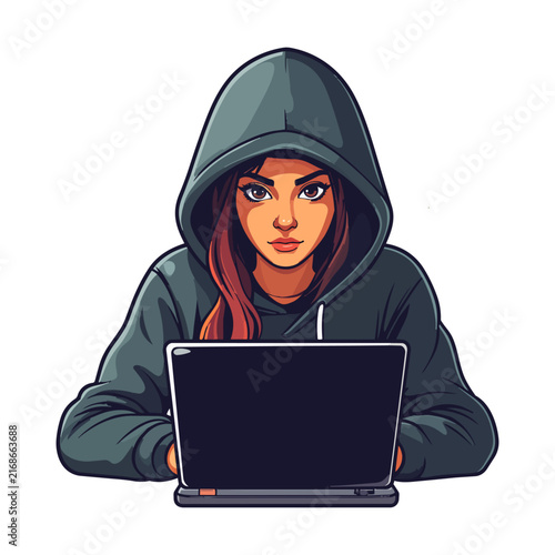 Hooded Woman with Laptop, Anonymous Hacker Vector Illustration