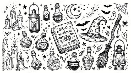 Foto Witchcraft doodle vector elements, spooky halloween magic spell book and potions