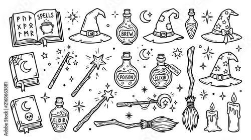 Witchcraft doodle vector elements, magic spell book and potion bottles set, spooky halloween line art illustrations