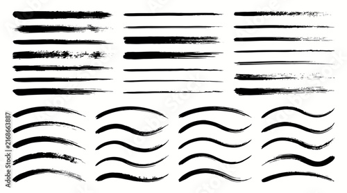 Black ink brush strokes set, grunge paint line borders, hand drawn vector brush strokes for artistic design