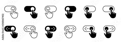 Toggle switch with hand click icon set. On off button, swipe control, user interface choice and option activation outline solid vector symbols.