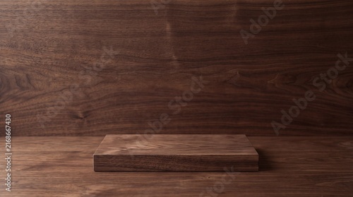 A minimalist podium crafted from rich, dark walnut wood rests on a textured wooden surface, set against a seamless, similarly hued backdrop, creating a sophisticated display for product showcasing.