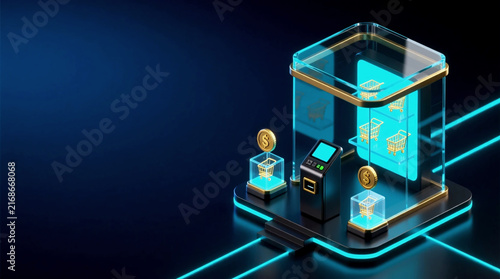 Isometric view of digital retail node showcasing smart online shopping on global e-commerce platform within the digital economy ecosystem as 3D render