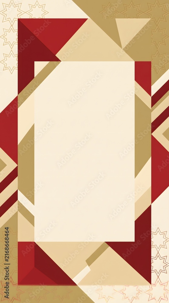 Fototapeta premium Geometric frame features decorative patterns in red and gold with a central white copy space.