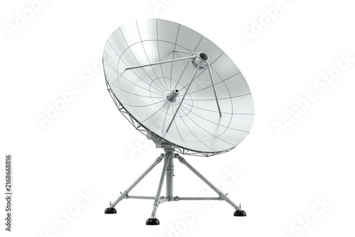 Large white satellite dish antenna with metal tripod stand for telecommunications and signal transmission isolated on a transparent background