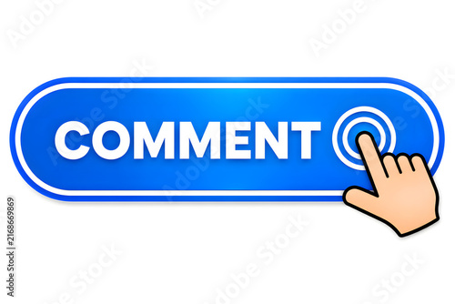 Hand clicking blue comment button on digital feedback interface for online reviews and social media engagement