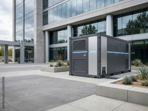 Industrial battery energy storage system unit installed outside a modern glass office building for sustainable power management