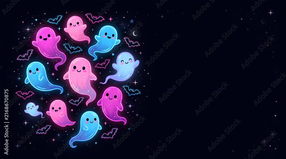 Naklejka premium A spooky and delightful halloween scene featuring cute ghosts against a dark background