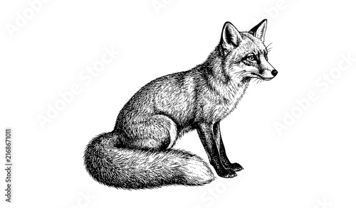 Foto Sitting red fox hand drawn vintage engraving vector illustration isolated