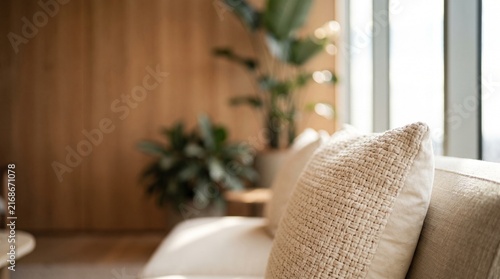 Close-up of a textured beige cushion on a modern sofa in a bright, minimalist living room with wooden walls and green plants.