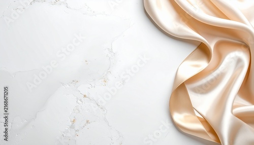 White terrazzo stone surface paired with a softly flowing champagne gold silk ribbon
