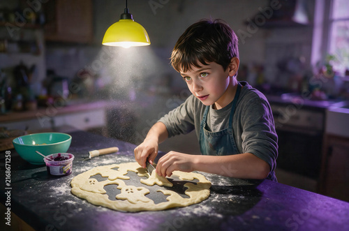 Boy concentrates on cutting dough under warm light. Dust rises as he shapes cookies with focused care. Kitchen scene feels cozy, intimate, and inviting. Ideal for family, baking