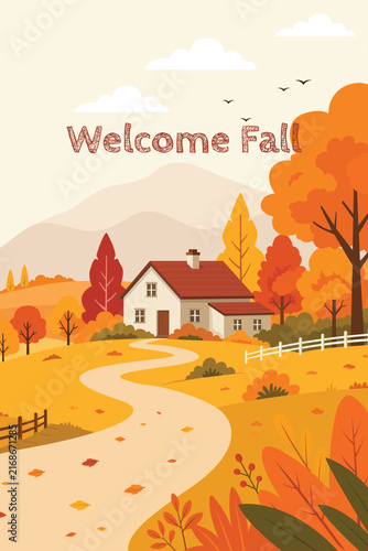 Welcome Fall Autumn Countryside Landscape Illustration