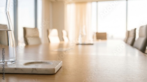 A close-up view of a polished wooden conference table with a glass of water and marble coaster in a bright, modern meeting room with chairs and large windows.