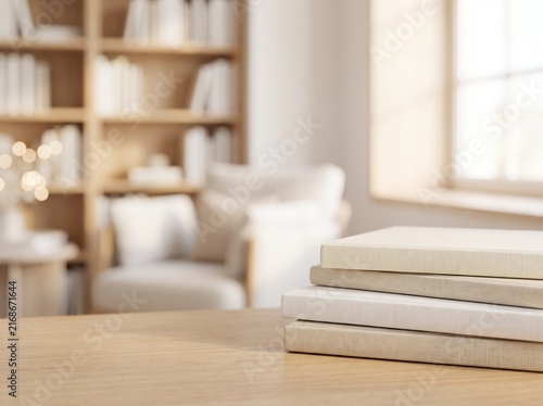 Stack of neutral-colored books on a wooden table in a bright, cozy home library with blurred background.
