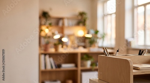 Blurred background of a cozy home office with wooden shelves, plants, and warm lighting, featuring a desk organizer in the foreground.