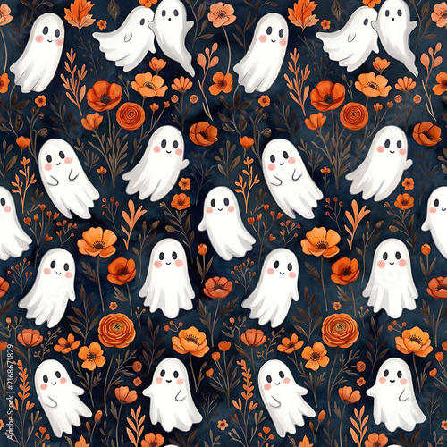 Floating White Ghosts with Orange Poppies Dark Charcoal Blue Halloween Seamless Pattern