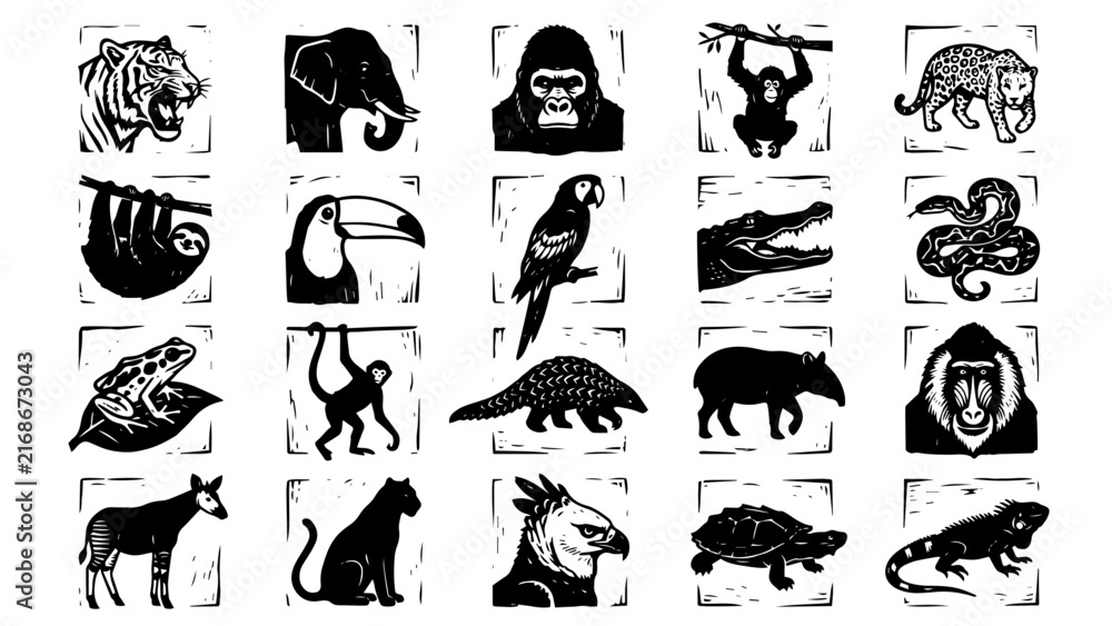 Naklejka premium Collection of black jungle animal vector icons featuring elephant, parrot, crocodile, turtle, monkey, gorilla, toucan for graphic design. Vector set.
