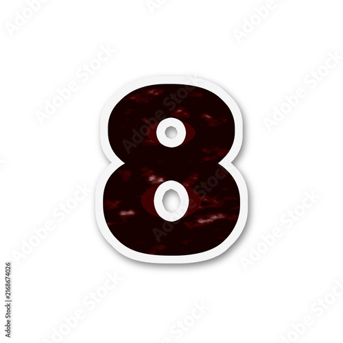 A stylized number eight with a distressed paper like texture is presented on transparent background digit numeric symbol figure textured crimson ruby