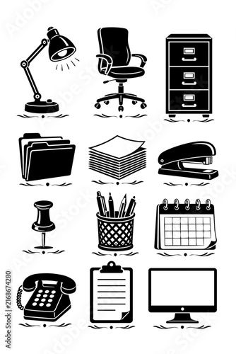 Office Equipment and Workplace Essentials Icon Set Black and White Vector Illustration