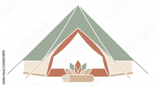 minimalist illustration of glamping bell tent with lotus flower and yoga mat. wellness retreat, outdoor spa camping concept. logo design with copyspace.