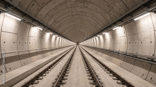 Modern Underground Railway Tunnel With Symmetrical Tracks and Vanishing Point