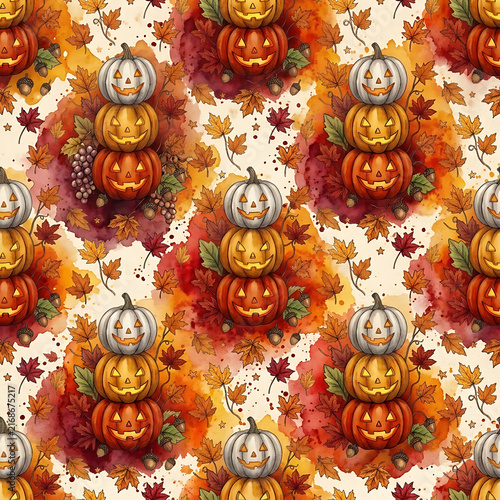 Watercolor Autumn Stacked Pumpkins with Splashed Paint and Fall Leaves Seamless Pattern Design
