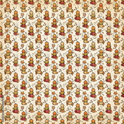 Vintage Autumn Harvest Stacked Pumpkins and Maple Leaves Seamless Pattern Background Vector