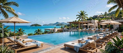 Tropical Resort Infinity Pool Overlooking Ocean and Palm Trees
