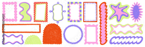 Wavy frame borders set with scalloped edges and cute Y2K retro design. Vector set of playful color crayon borders for kid photos, text box, decorative graphics, retro style geometric collage elements