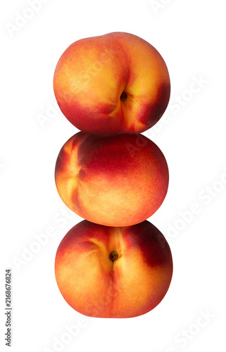 3 big peaches stand on top of each other isolated on transparent background. Ripe fruit set column PNG. Bright food composition. Cut out element for juice, sweet drinks packaging, kitchen print design