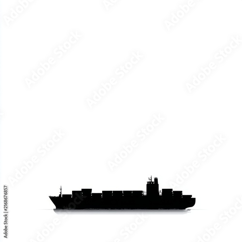 Silhouette of Cargo Ship on Calm Sea at Sunset with Reflection and Tranquil Atmosphere for Marine and Transportation Themes