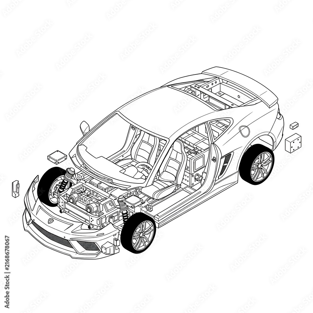 Fototapeta premium Illustration of a Modern Sports Car Chassis and Interior Components for Automotive Design