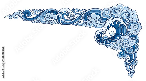 Blue Ocean Wave and Cloud Corner Decoration Flat Vector Asian Inspired Ornament Isolated on White Background