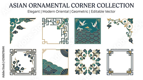 Set of elegant Asian ornamental corner designs and decorative frames for traditional graphic projects.
