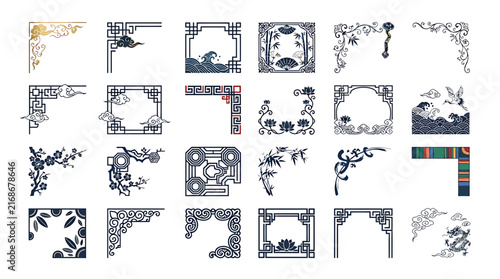 Set of traditional Korean and Asian style decorative corner frame elements and patterns.