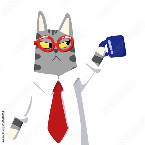 Bild auf Leinwand Illustration of a businessman cat holding mug need more coffee