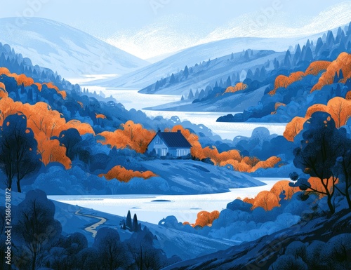 Serene valley with a house nestled among vibrant autumn foliage and water