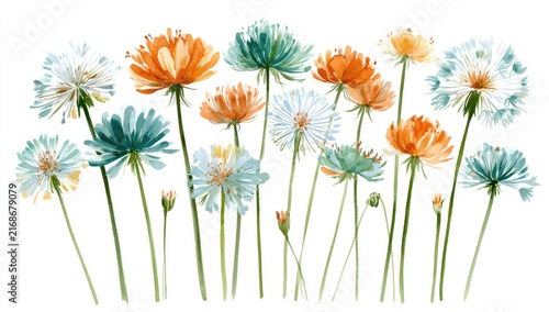 Whimsical watercolor wildflowers in soft orange, teal, and white hues