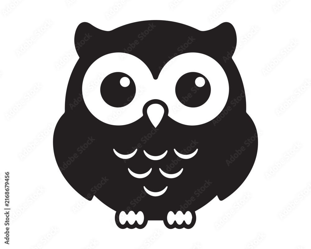 Obraz premium A cute black and white owl illustration with big eyes isolated on a plain white background