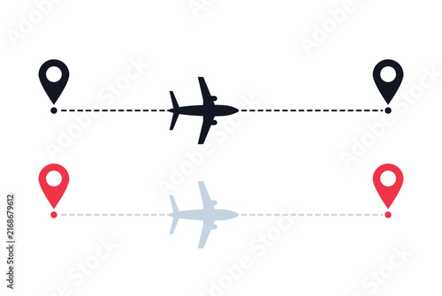 Flight route and travel path vector icon set featuring airplane symbols and location pins