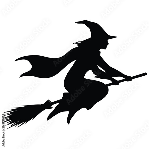 Flying witch on broomstick silhouette vector illustration for spooky halloween party decor.