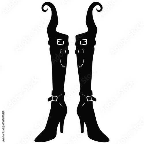 High witch boots with buckles black silhouette vector design for gothic fashion templates.