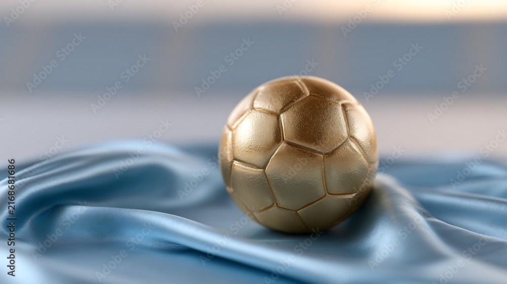 Naklejka premium Golden soccer ball resting on elegant blue silk fabric luxury championship concept