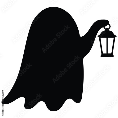Spooky ghost silhouette holding lantern vector illustration for mysterious halloween theme.