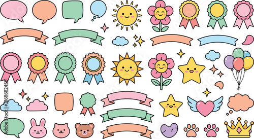 Kawaii banner award ribbon sticker pack featuring cute cartoon speech bubble ribbon bow sun flower and star character vectors