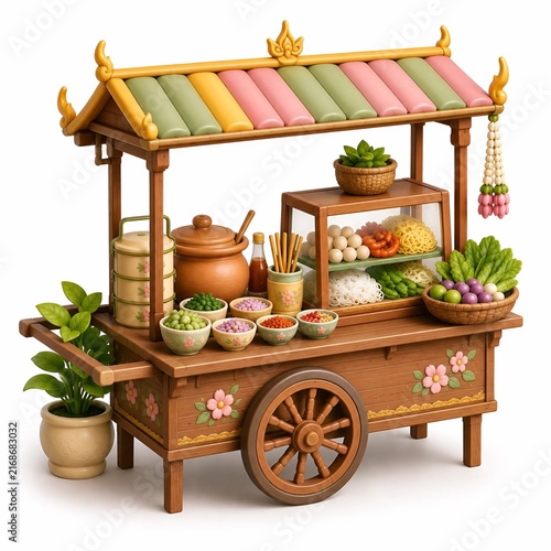 Traditional Thai Street Food Cart with Colorful Local Snacks