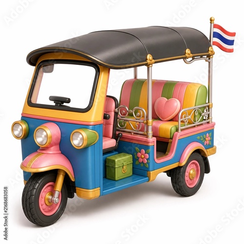 Colorful Thai Tuk Tuk Traditional Three Wheel Taxi on White Background
