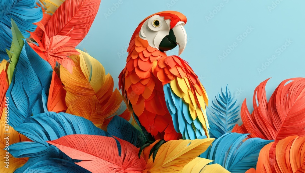 Obraz premium Vibrant paper macaw perches amidst a colorful, layered, tropical foliage